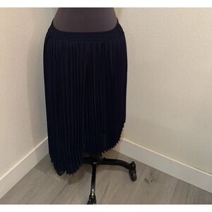 Pleione Asymmetrical Pleated Midi Skirt Black Sheer Overlay Size S Navy Pull On